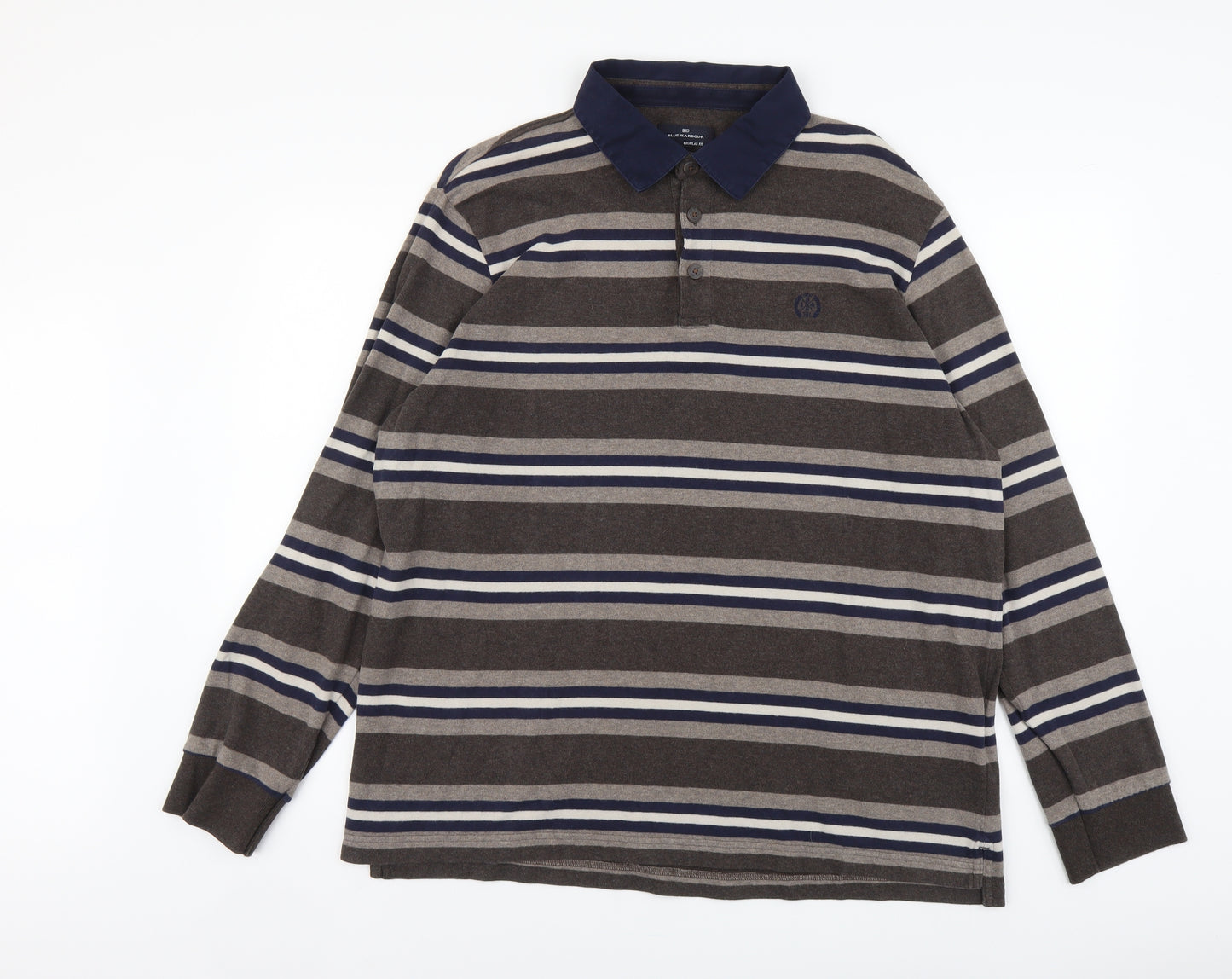 Blue Harbour Mens Grey Striped Cotton Polo Size XL Collared Button