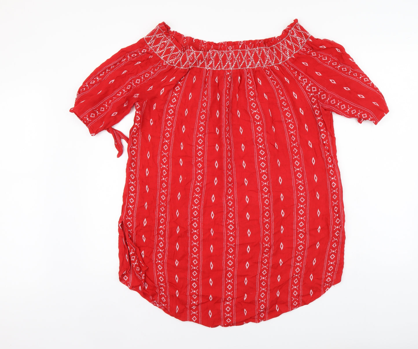 New Look Womens Red Geometric Viscose Basic Blouse Size L Square Neck