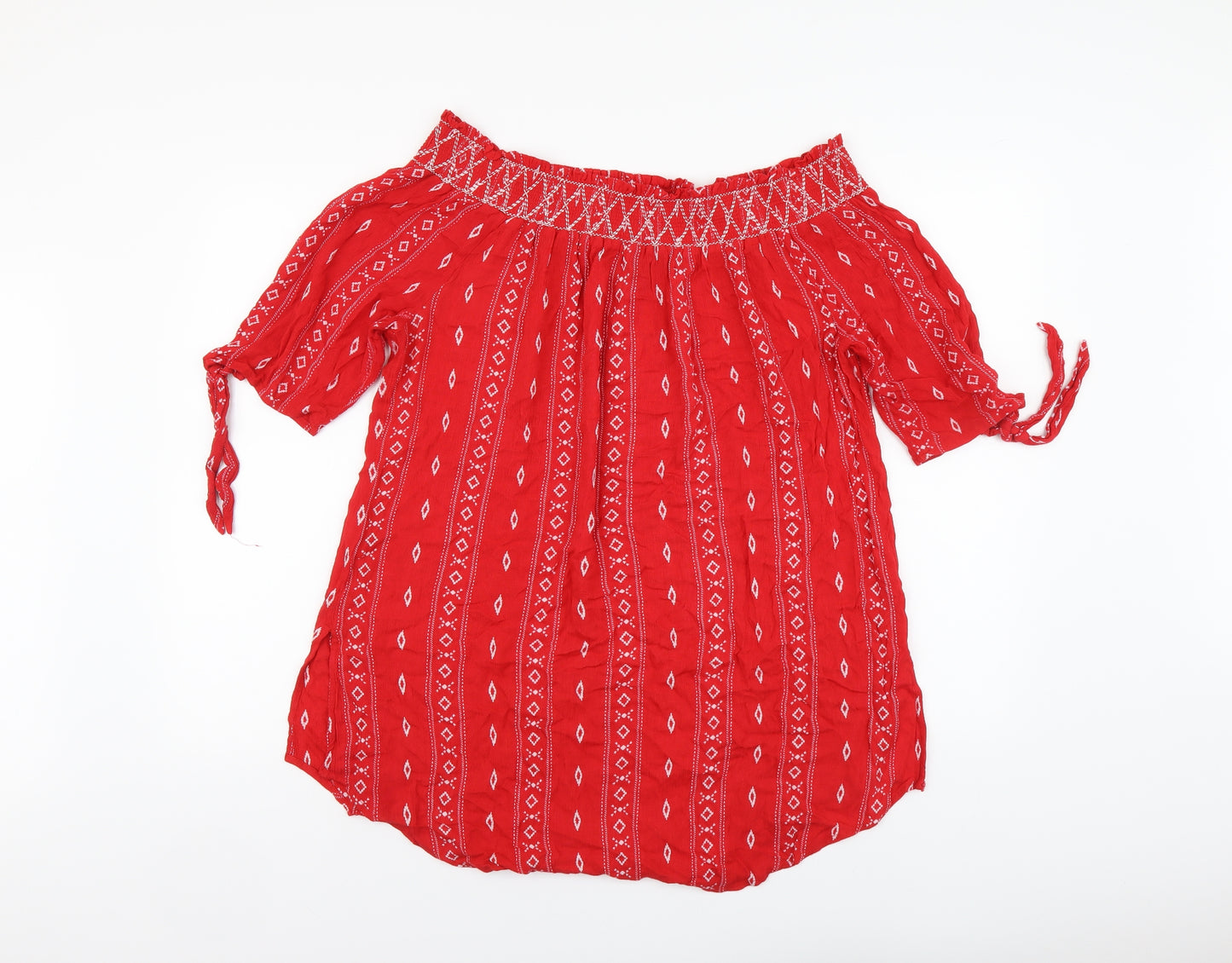 New Look Womens Red Geometric Viscose Basic Blouse Size L Square Neck