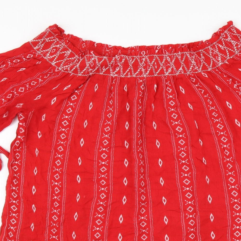 New Look Womens Red Geometric Viscose Basic Blouse Size L Square Neck