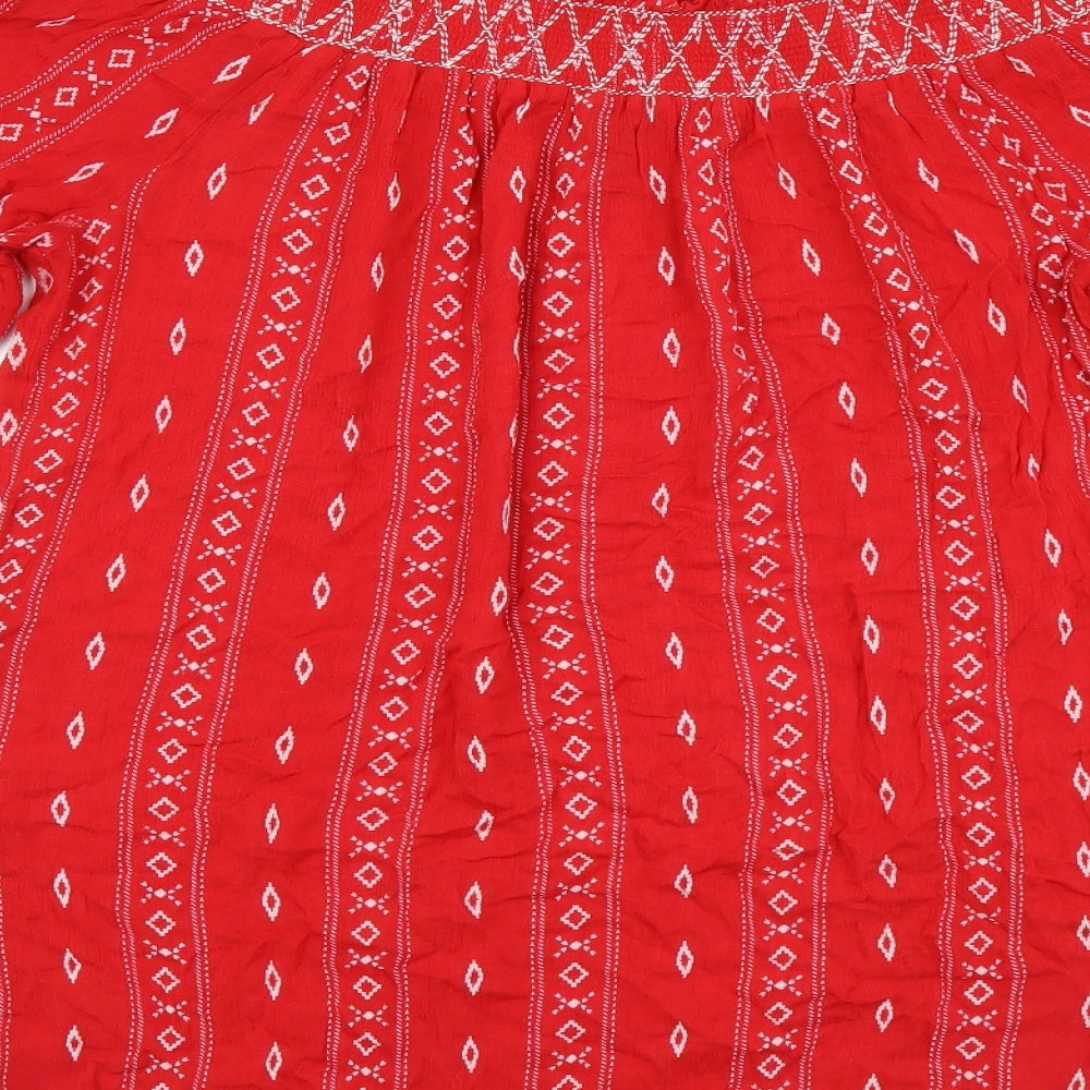 New Look Womens Red Geometric Viscose Basic Blouse Size L Square Neck