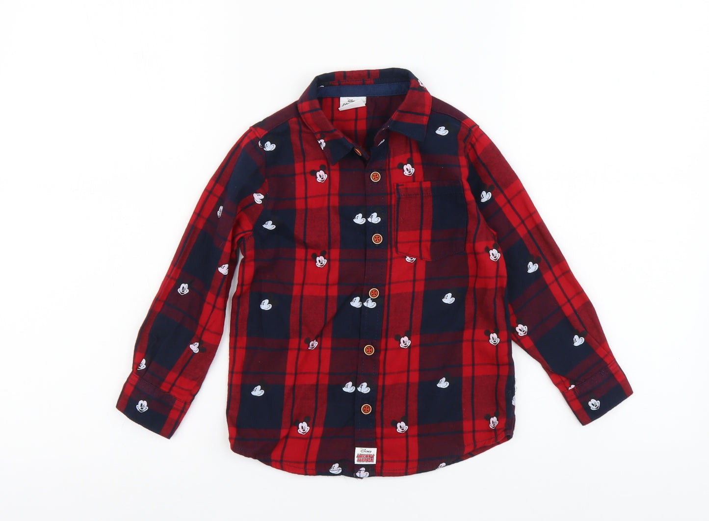 Primark Boys Red Plaid Cotton Basic Button-Up Size 3-4 Years Collared Button - Mickey Mouse