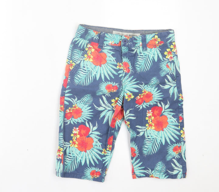 Denim & Co. Boys Blue Floral Cotton Bermuda Shorts Size 9-10 Years Regular Buckle