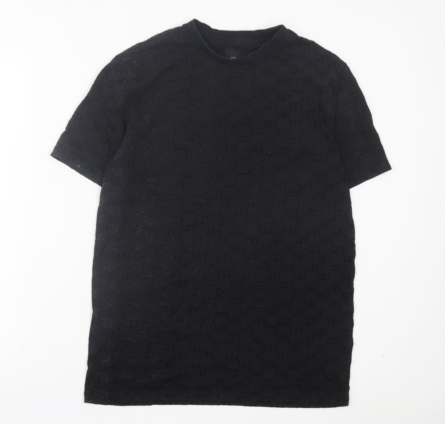 River Island Mens Black Geometric Polyester T-Shirt Size M Crew Neck