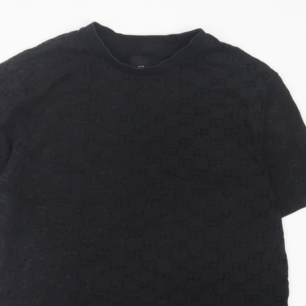 River Island Mens Black Geometric Polyester T-Shirt Size M Crew Neck