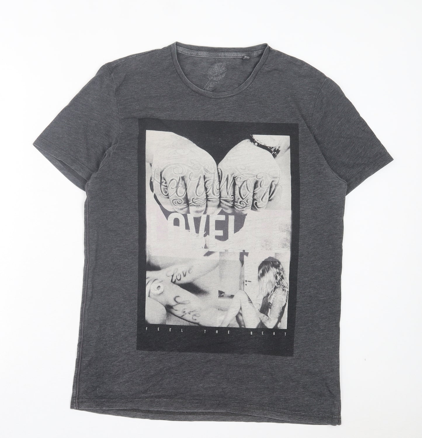 NEXT Mens Grey Cotton T-Shirt Size L Crew Neck - Feel The Beauty