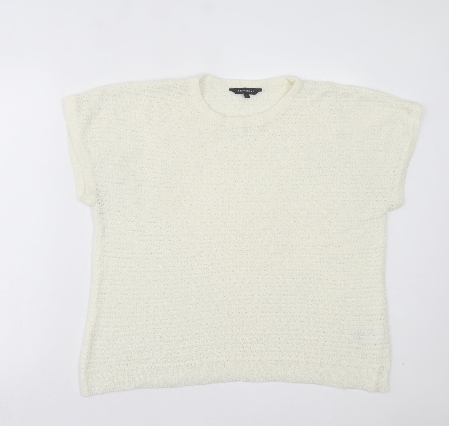 Peacocks Womens White Acrylic Basic T-Shirt Size L Crew Neck