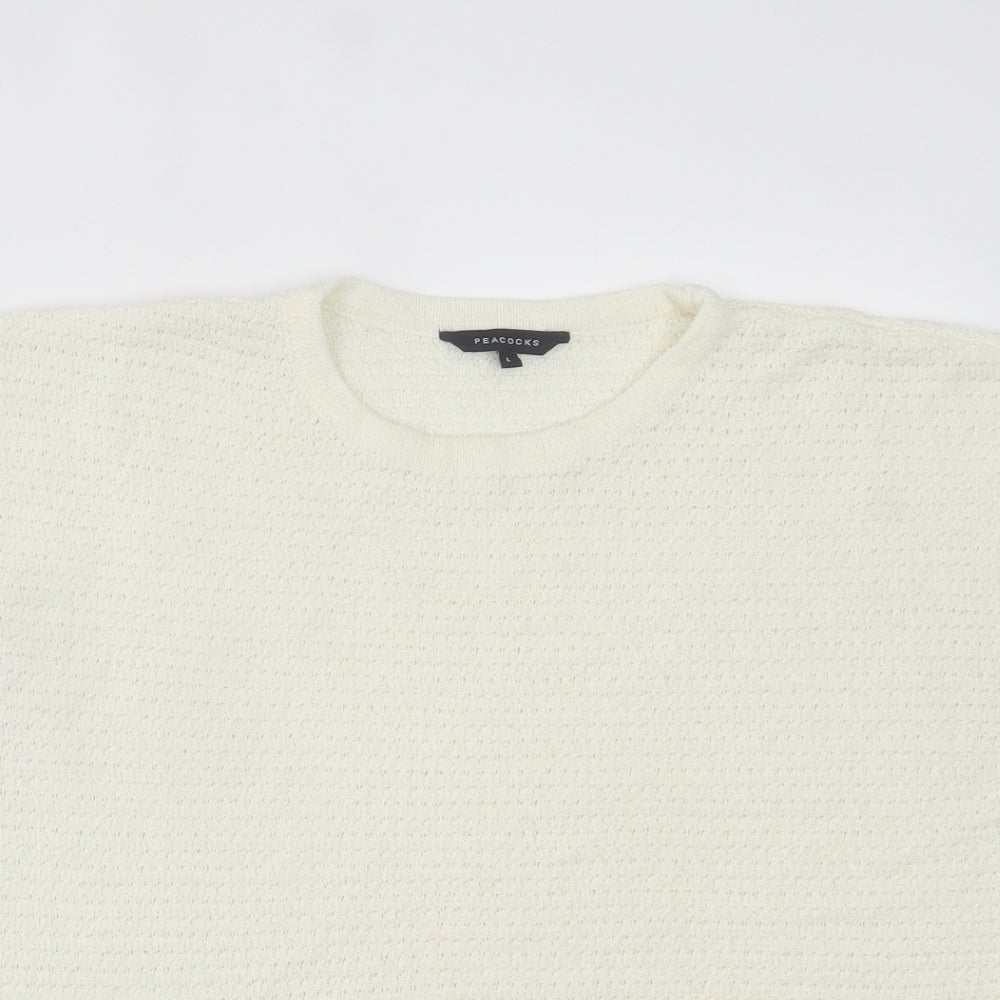 Peacocks Womens White Acrylic Basic T-Shirt Size L Crew Neck