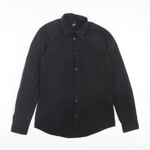 H&M Mens Black Polyester Button-Up Size S Collared Button