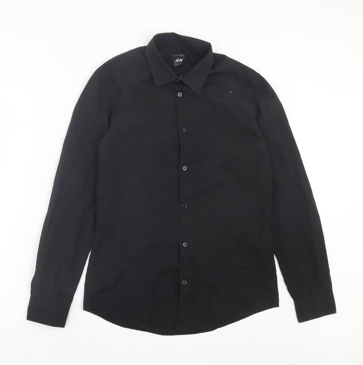 H&M Mens Black Polyester Button-Up Size S Collared Button