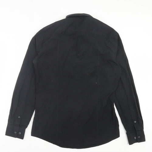 H&M Mens Black Polyester Button-Up Size S Collared Button