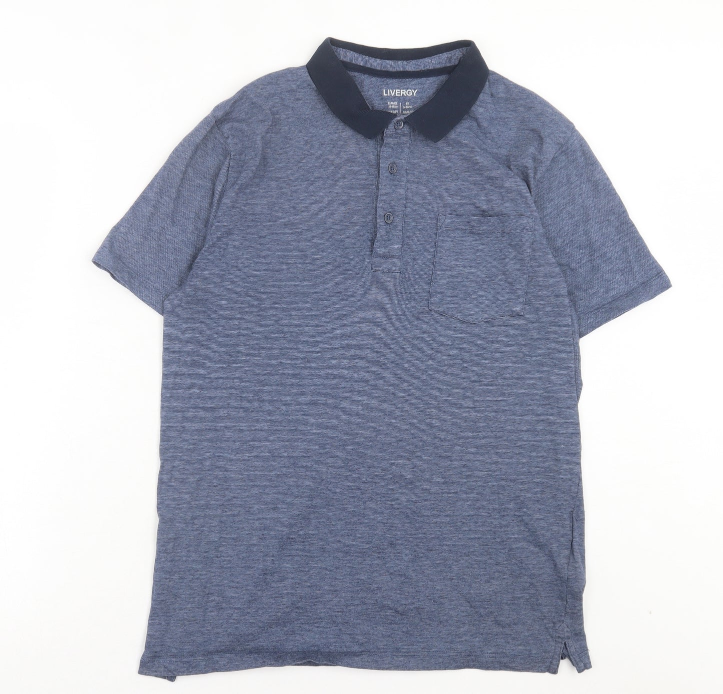 Livergy Mens Blue Cotton Polo Size M Collared Button - Pocket Detail