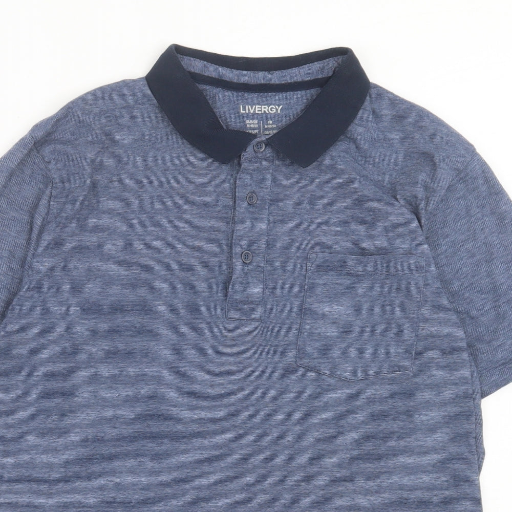 Livergy Mens Blue Cotton Polo Size M Collared Button - Pocket Detail