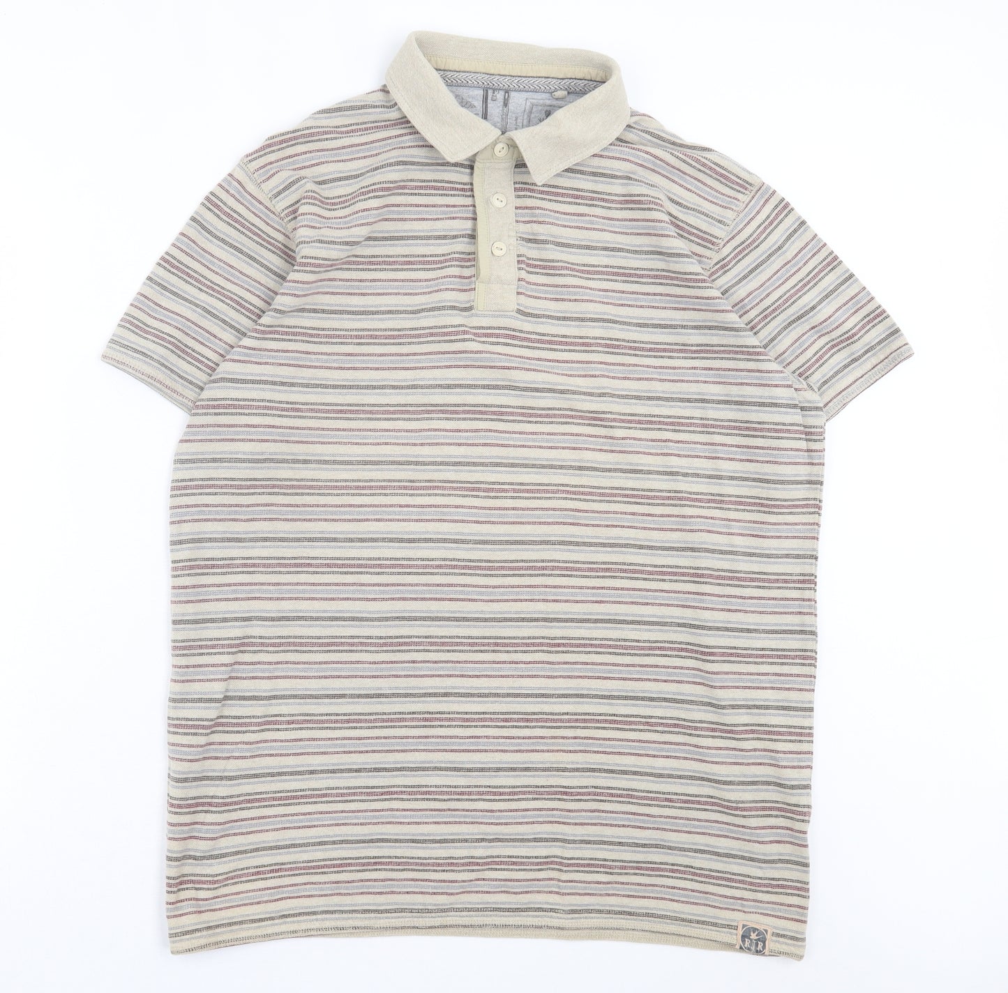 RJR.John Rocha Mens Beige Striped Cotton Polo Size L Collared Button