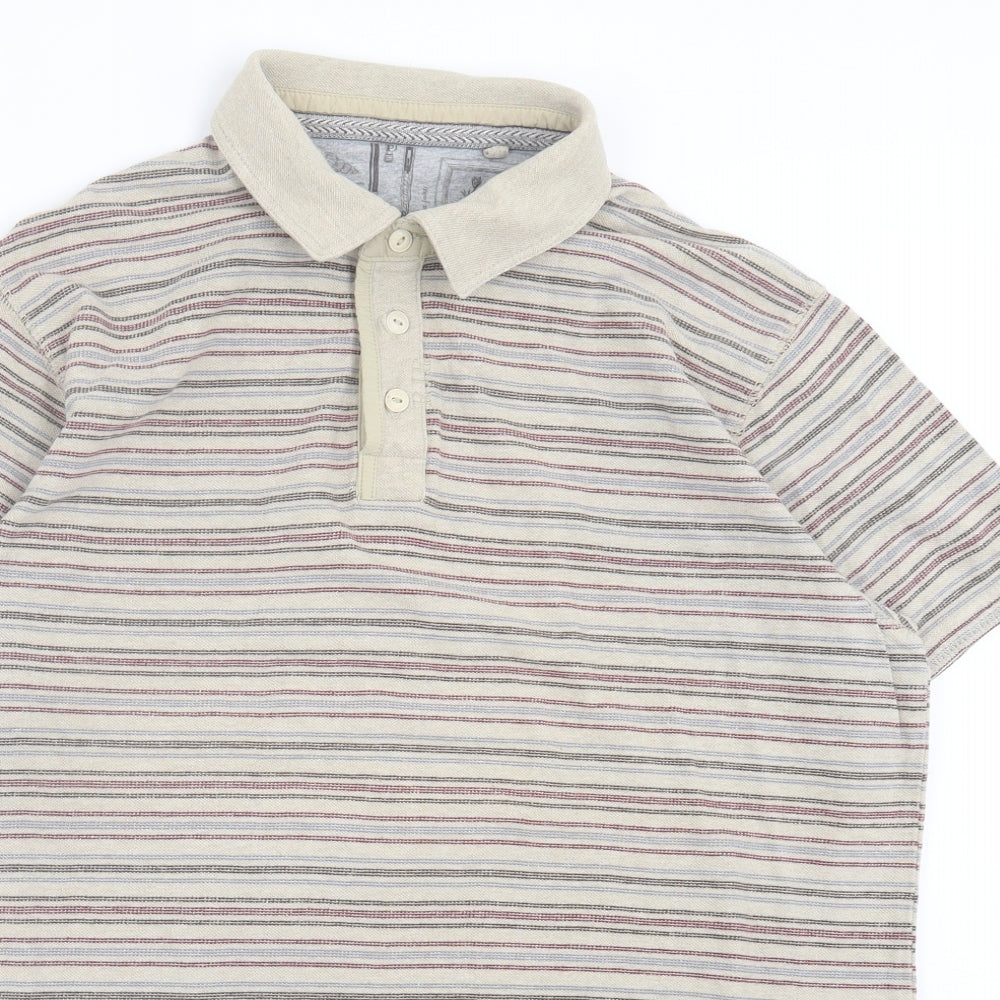 RJR.John Rocha Mens Beige Striped Cotton Polo Size L Collared Button