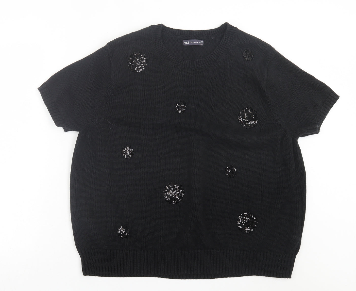 Marks and Spencer Womens Black Polka Dot Cotton Basic T-Shirt Size 24 Crew Neck
