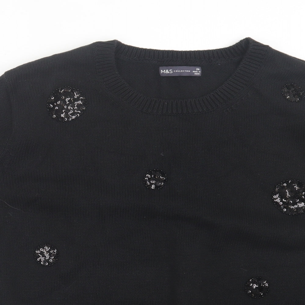 Marks and Spencer Womens Black Polka Dot Cotton Basic T-Shirt Size 24 Crew Neck