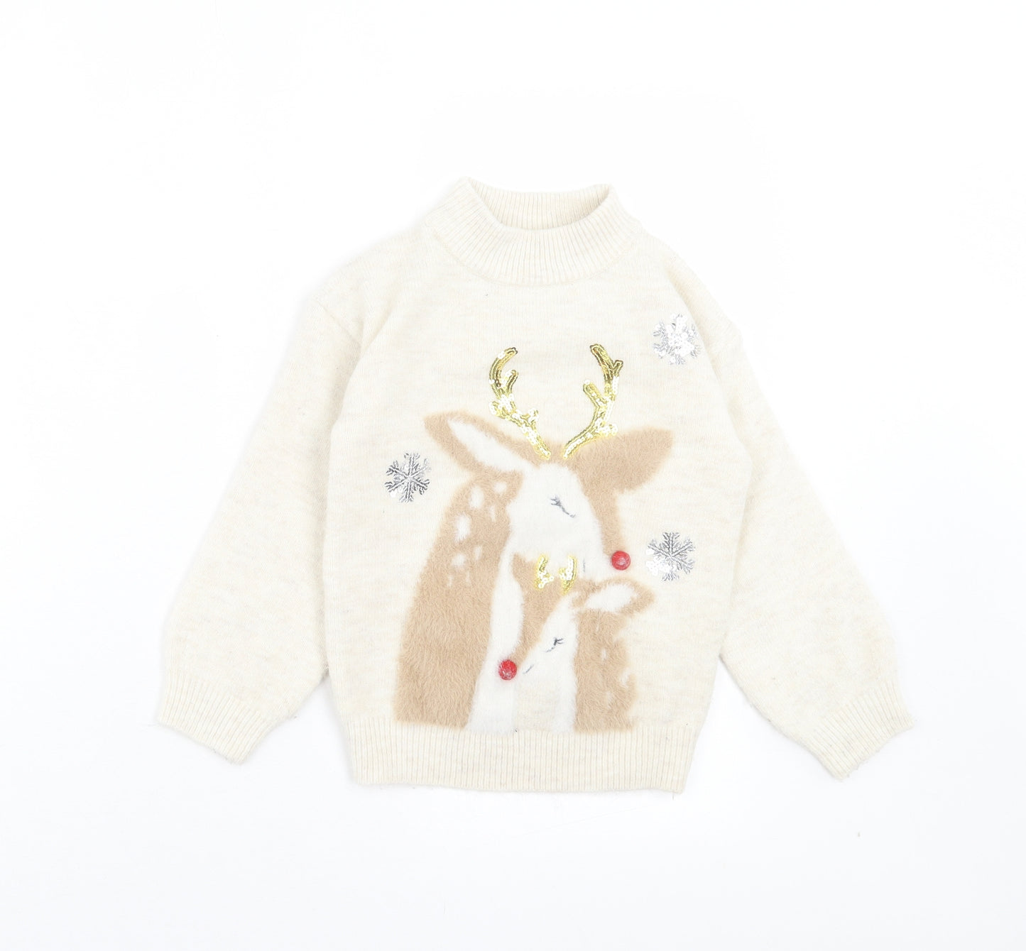 Primark Girls Beige Round Neck Acrylic Pullover Jumper Size 6-7 Years Pullover - Reindeer Christmas