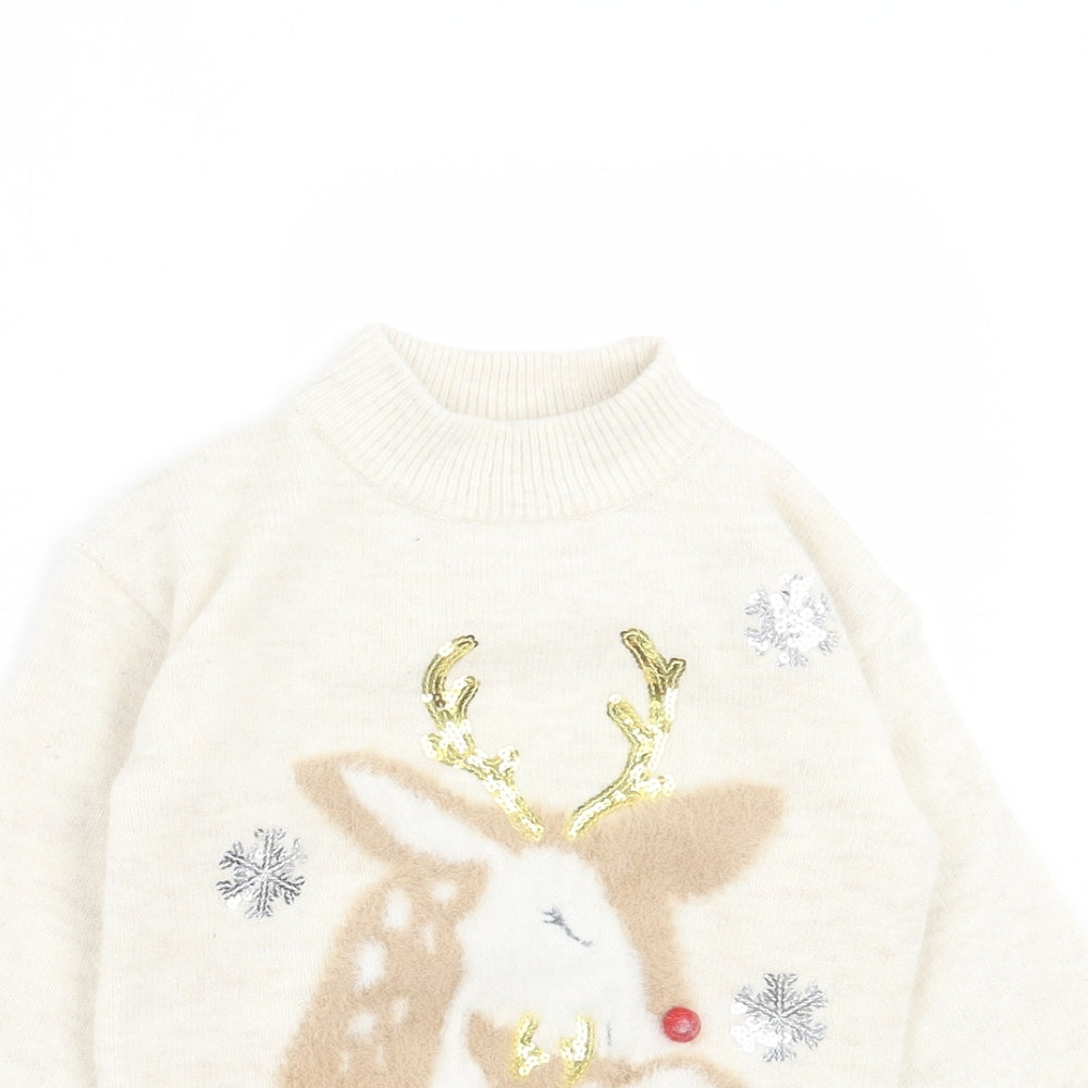 Primark Girls Beige Round Neck Acrylic Pullover Jumper Size 6-7 Years Pullover - Reindeer Christmas