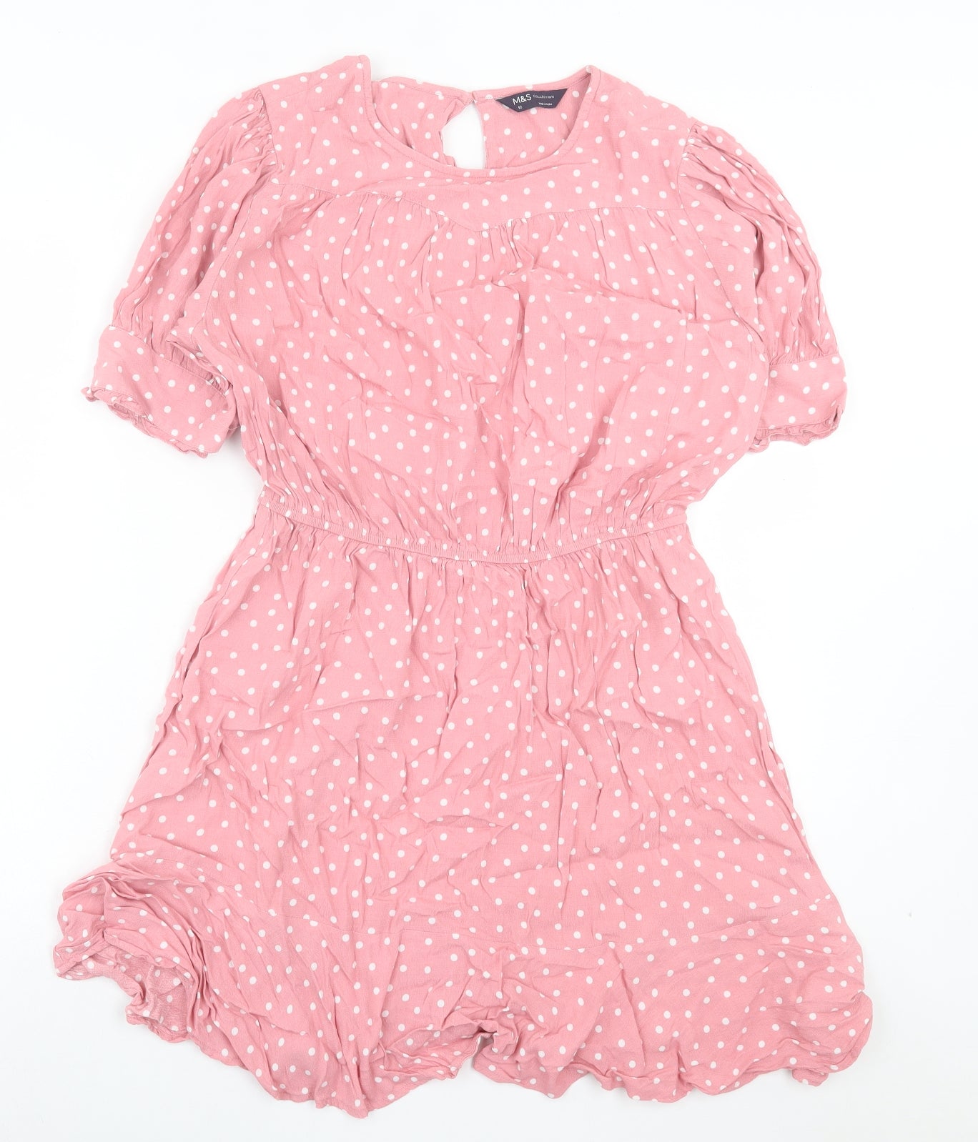 Marks and Spencer Womens Pink Polka Dot Viscose A-Line Size 12 Crew Neck Button