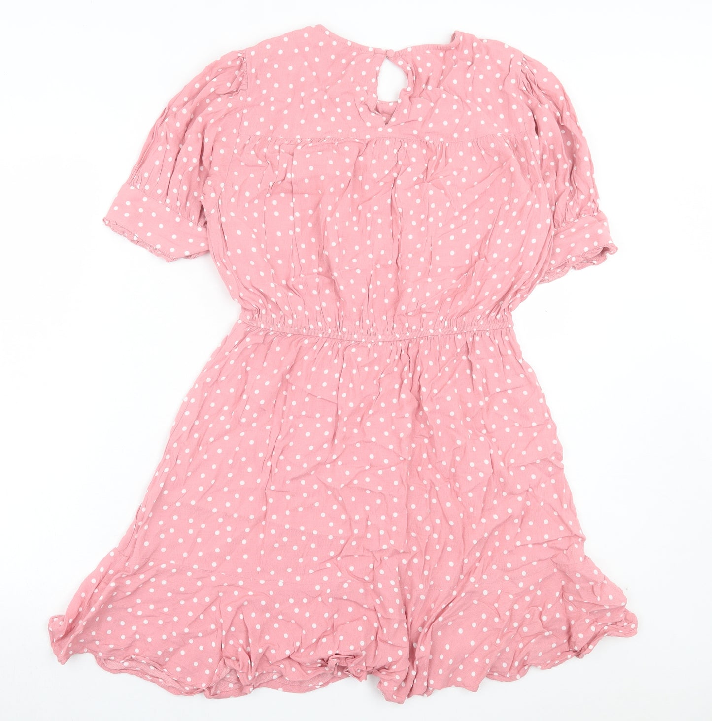 Marks and Spencer Womens Pink Polka Dot Viscose A-Line Size 12 Crew Neck Button