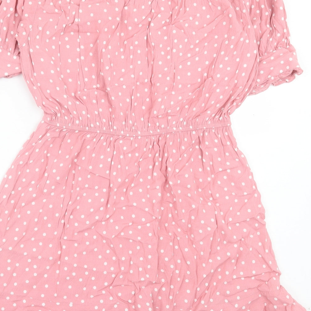 Marks and Spencer Womens Pink Polka Dot Viscose A-Line Size 12 Crew Neck Button