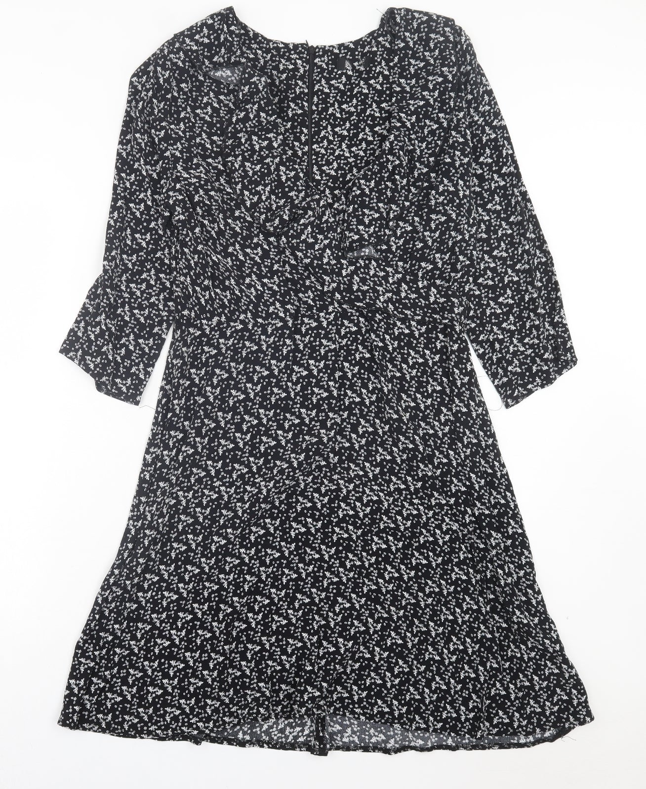 Matalan Womens Black Floral Viscose A-Line Size 14 V-Neck Zip