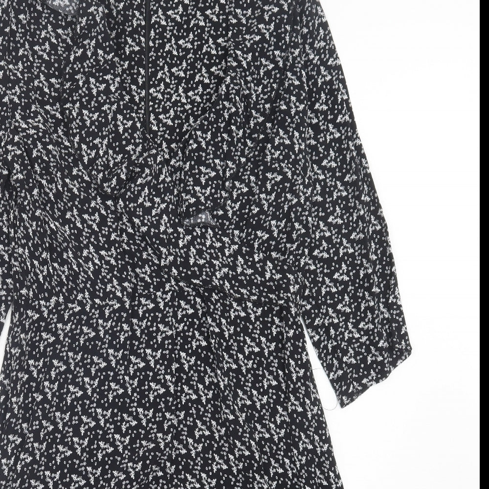 Matalan Womens Black Floral Viscose A-Line Size 14 V-Neck Zip