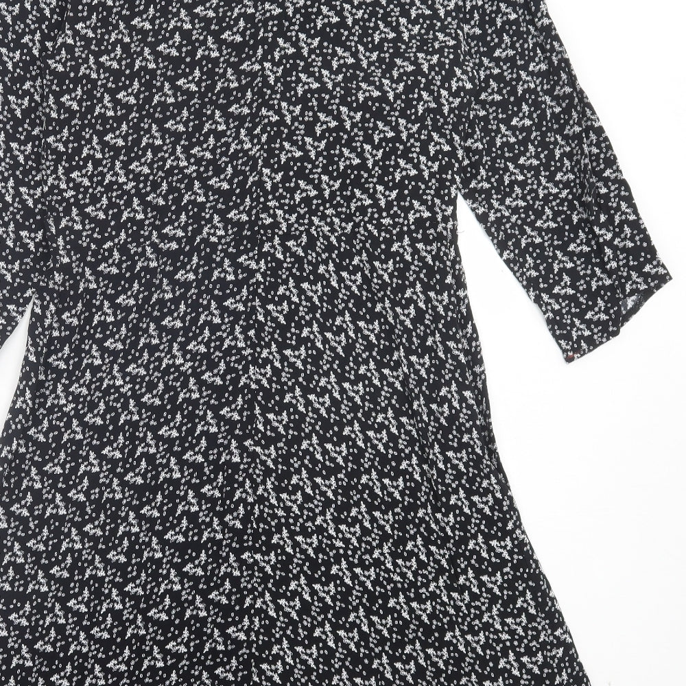 Matalan Womens Black Floral Viscose A-Line Size 14 V-Neck Zip