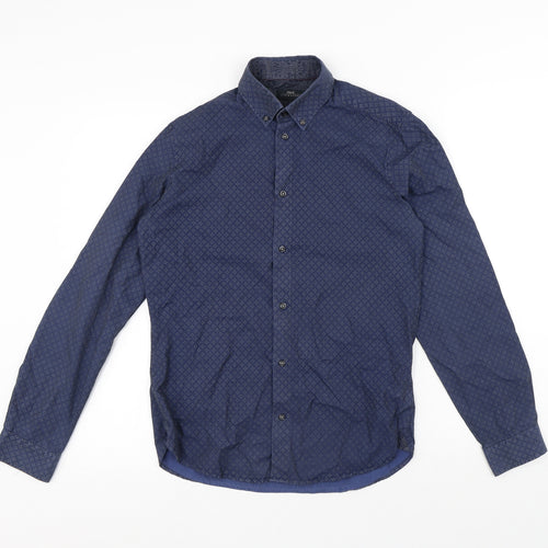 NEXT Mens Blue Geometric Cotton Button-Up Size S Collared Button