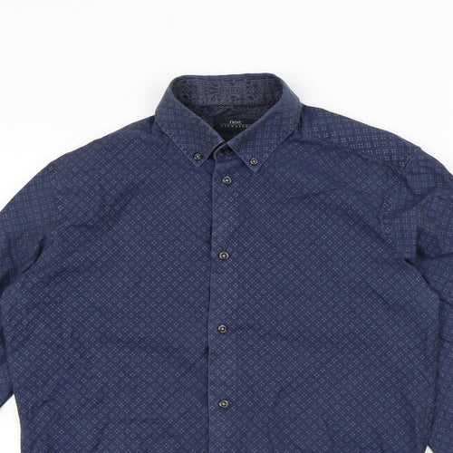 NEXT Mens Blue Geometric Cotton Button-Up Size S Collared Button