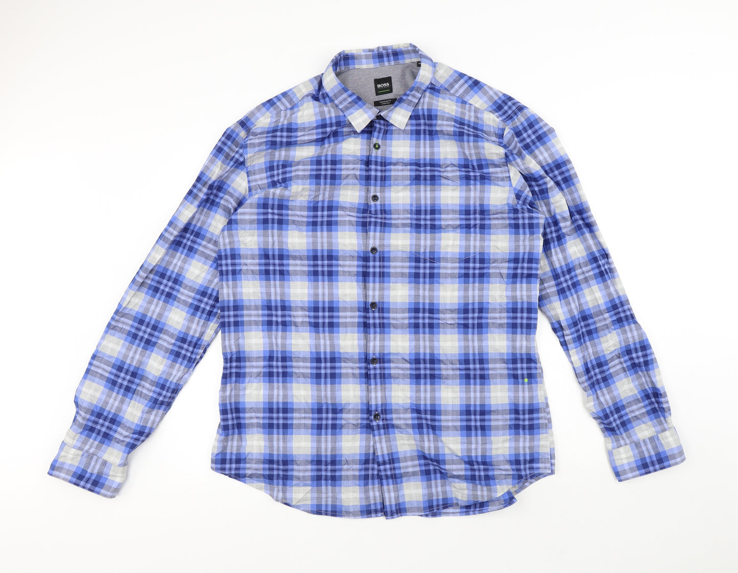 HUGO BOSS Mens Blue Plaid Cotton Button-Up Size 2XL Collared Button