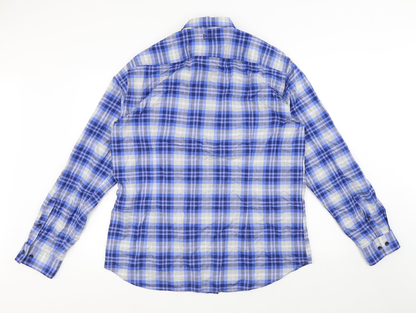 HUGO BOSS Mens Blue Plaid Cotton Button-Up Size 2XL Collared Button