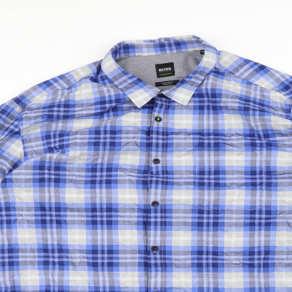 HUGO BOSS Mens Blue Plaid Cotton Button-Up Size 2XL Collared Button