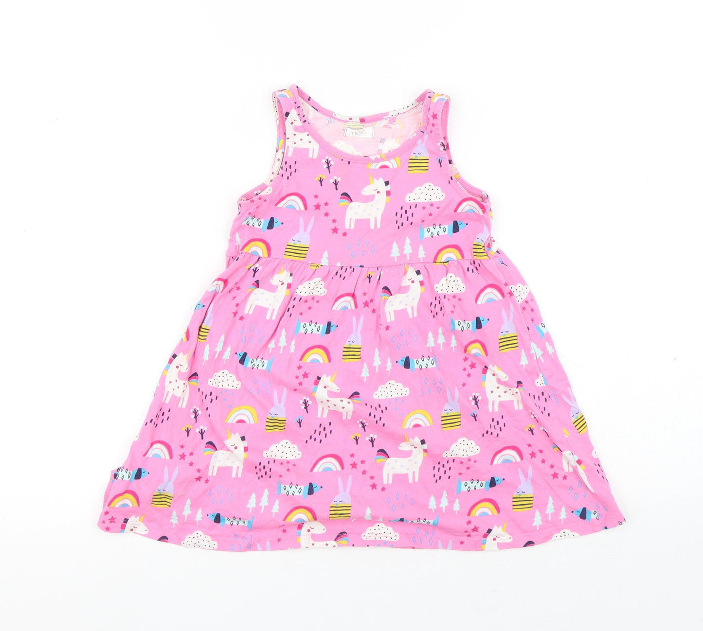 NEXT Girls Pink Geometric Cotton Tank Dress Size 5 Years Round Neck - Unicorns