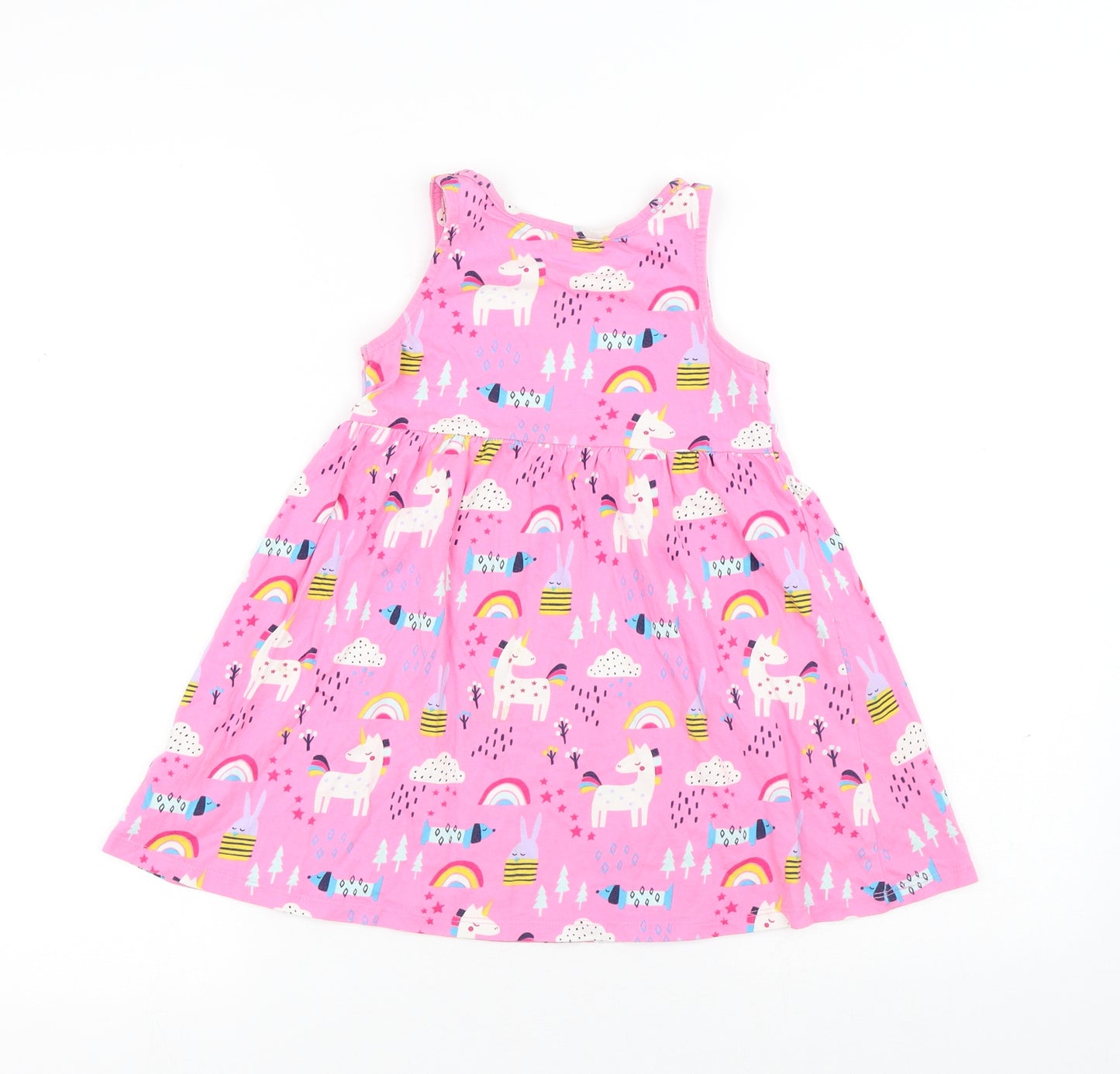 NEXT Girls Pink Geometric Cotton Tank Dress Size 5 Years Round Neck - Unicorns