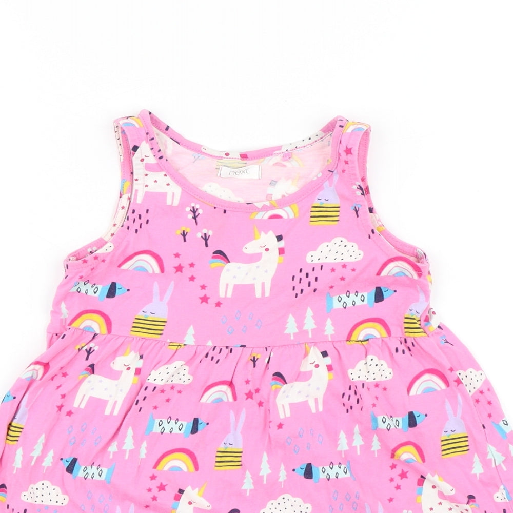 NEXT Girls Pink Geometric Cotton Tank Dress Size 5 Years Round Neck - Unicorns