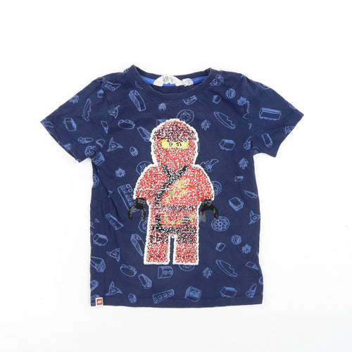 H&M Boys Blue Geometric Cotton Basic T-Shirt Size 6-7 Years Round Neck - Lego Ninjago