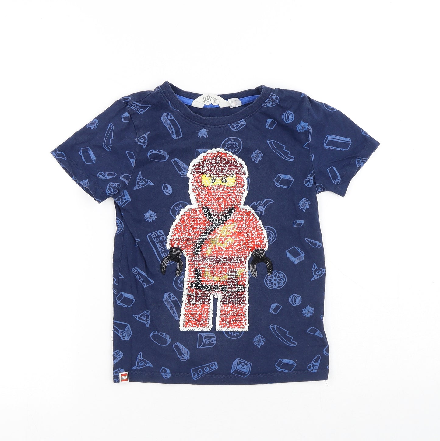 H&M Boys Blue Geometric Cotton Basic T-Shirt Size 6-7 Years Round Neck - Lego Ninjago