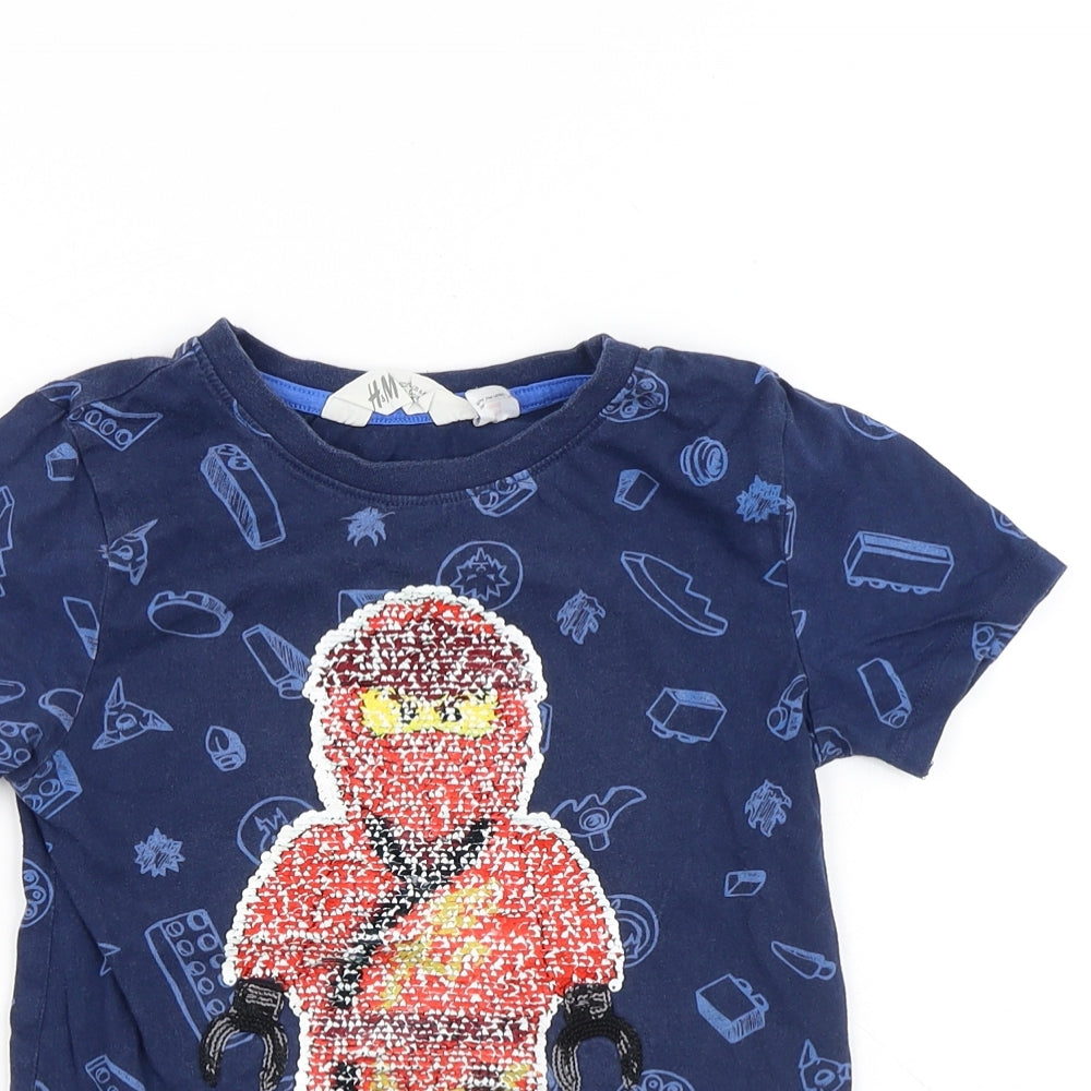 H&M Boys Blue Geometric Cotton Basic T-Shirt Size 6-7 Years Round Neck - Lego Ninjago