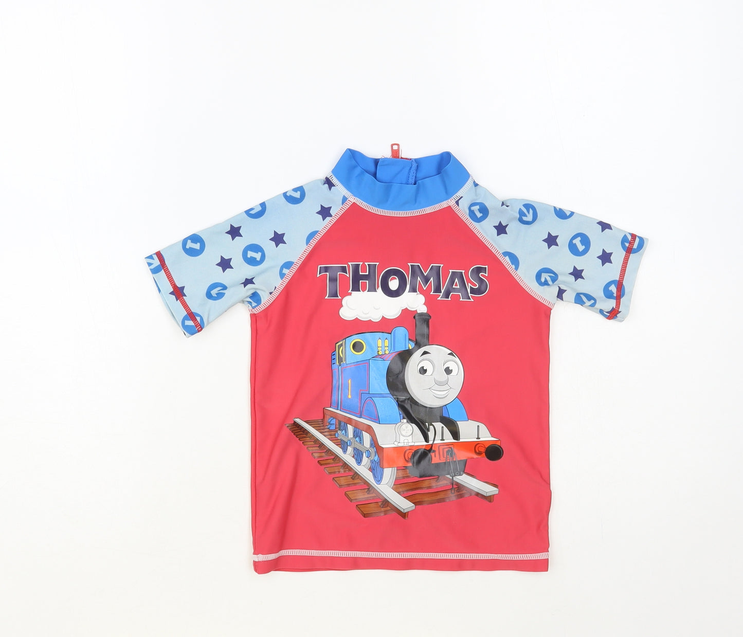 Mini Club Boys Multicoloured Geometric Polyester Pullover T-Shirt Size 4-5 Years Mock Neck Zip - Thomas & Friends Rash Top