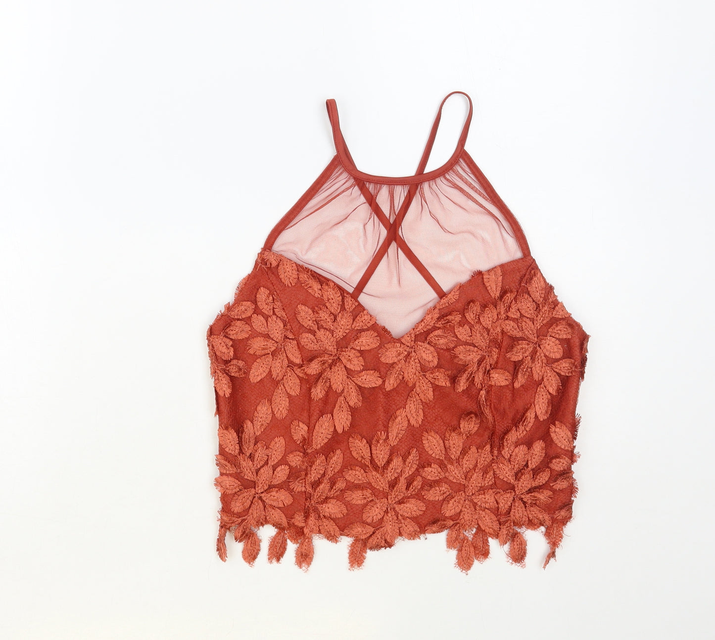 River Island Womens Orange Polyester Cropped Tank Size 8 Round Neck - Lace Overlay