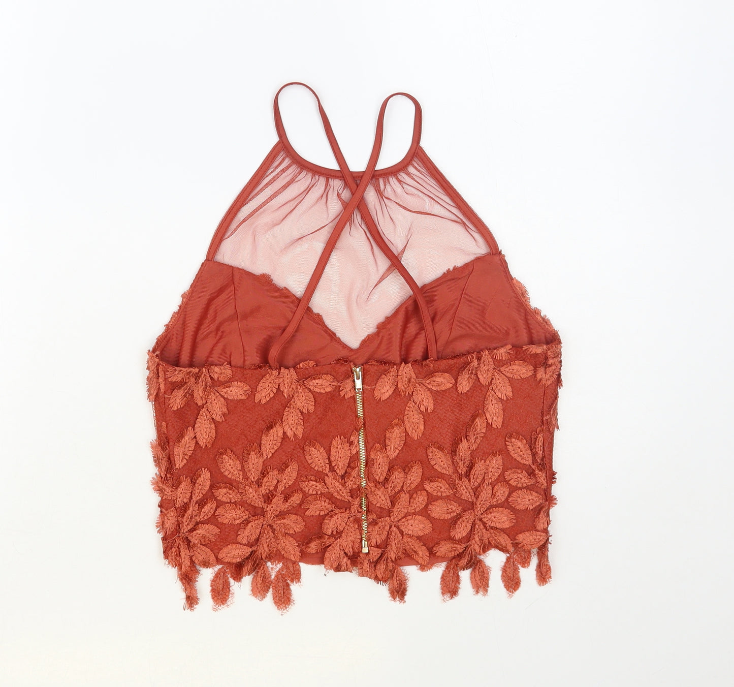 River Island Womens Orange Polyester Cropped Tank Size 8 Round Neck - Lace Overlay