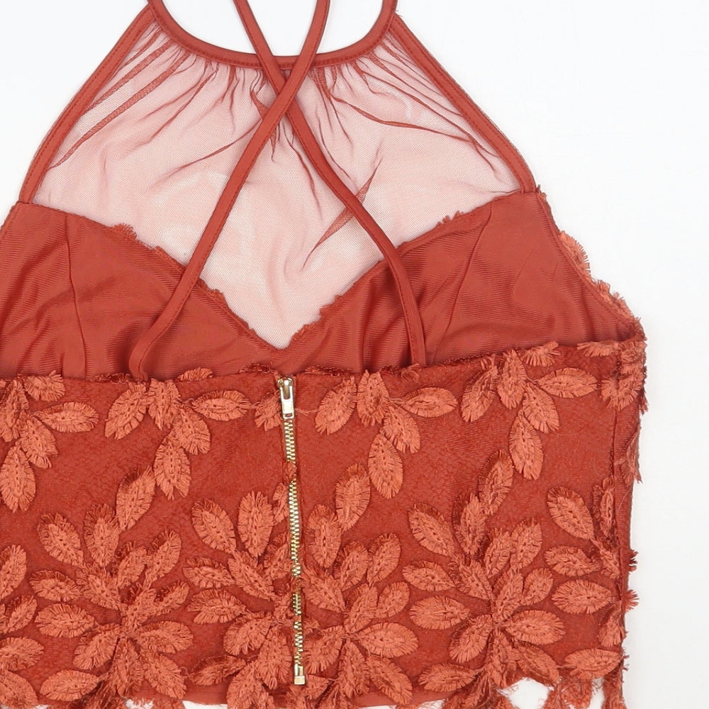 River Island Womens Orange Polyester Cropped Tank Size 8 Round Neck - Lace Overlay