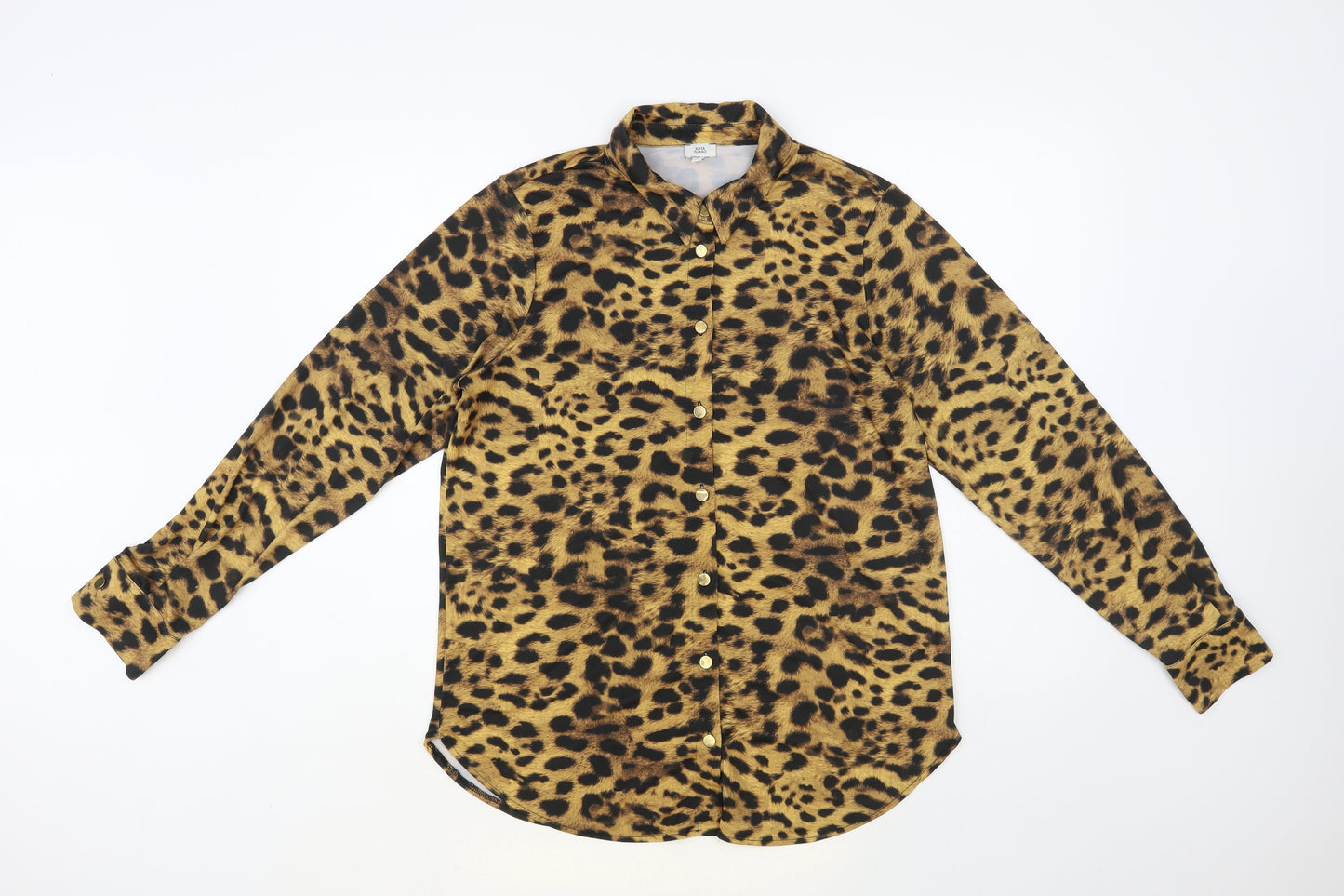 River Island Womens Brown Animal Print Polyester Basic Button-Up Size 12 Collared - Leopard Print