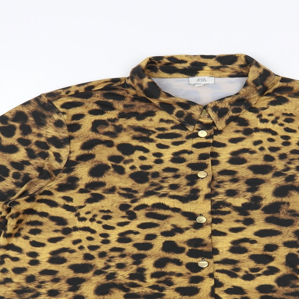 River Island Womens Brown Animal Print Polyester Basic Button-Up Size 12 Collared - Leopard Print