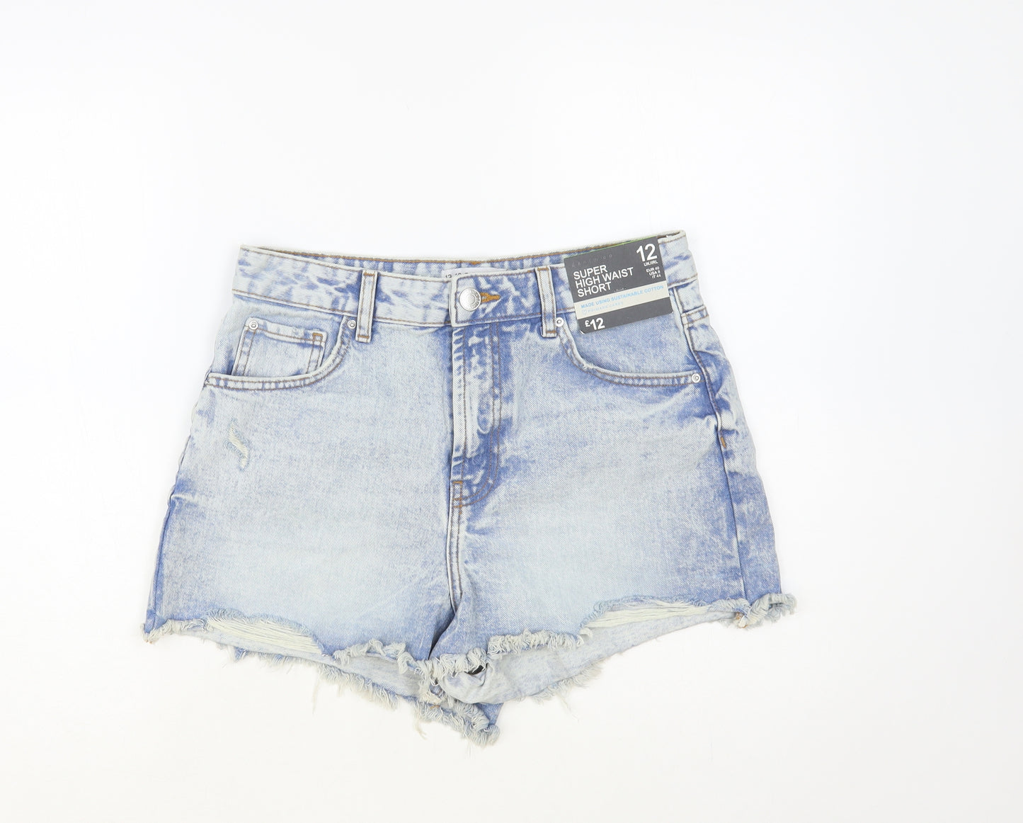 Denim & Co. Womens Blue Cotton Hot Pants Shorts Size 12 L4 in Regular Button - Distressed