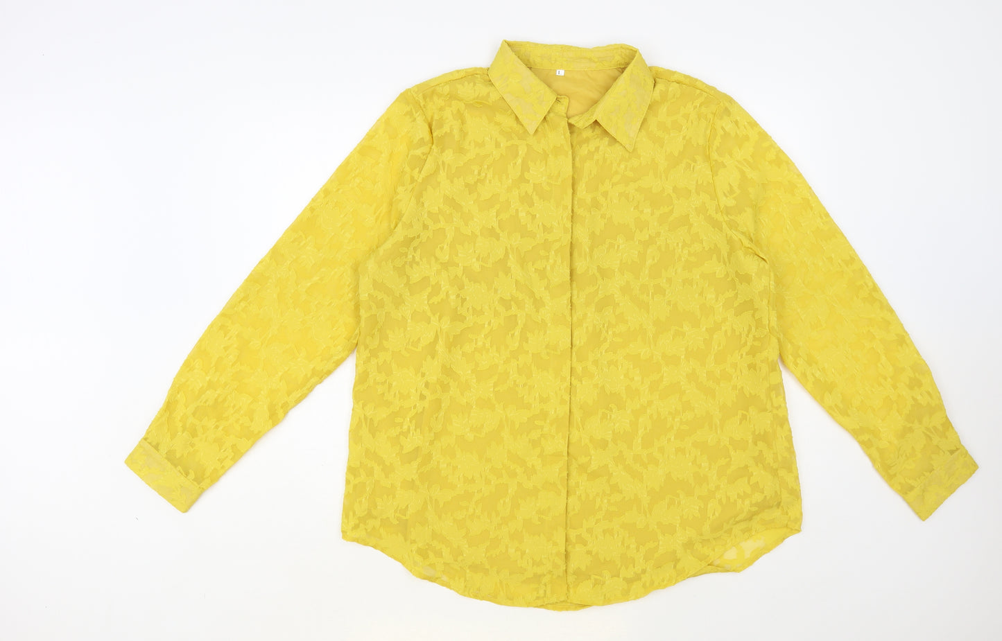 Preworn Womens Yellow Geometric Polyester Basic Button-Up Size L Collared - Textured