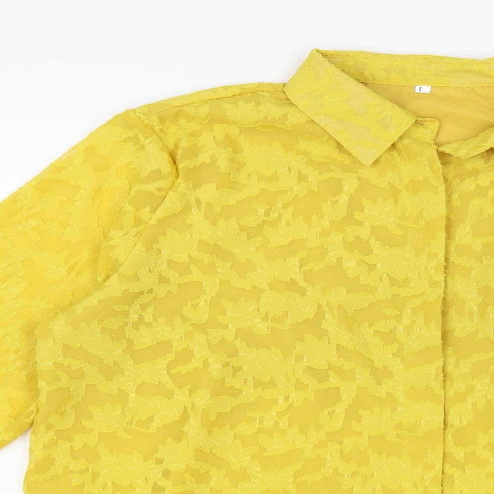 Preworn Womens Yellow Geometric Polyester Basic Button-Up Size L Collared - Textured