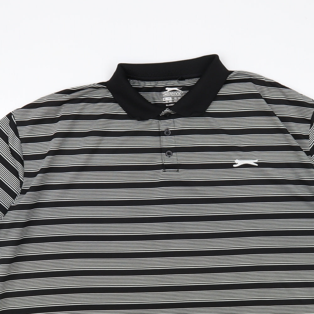 Slazenger Mens Black Striped Polyester Polo Size 2XL Collared Button